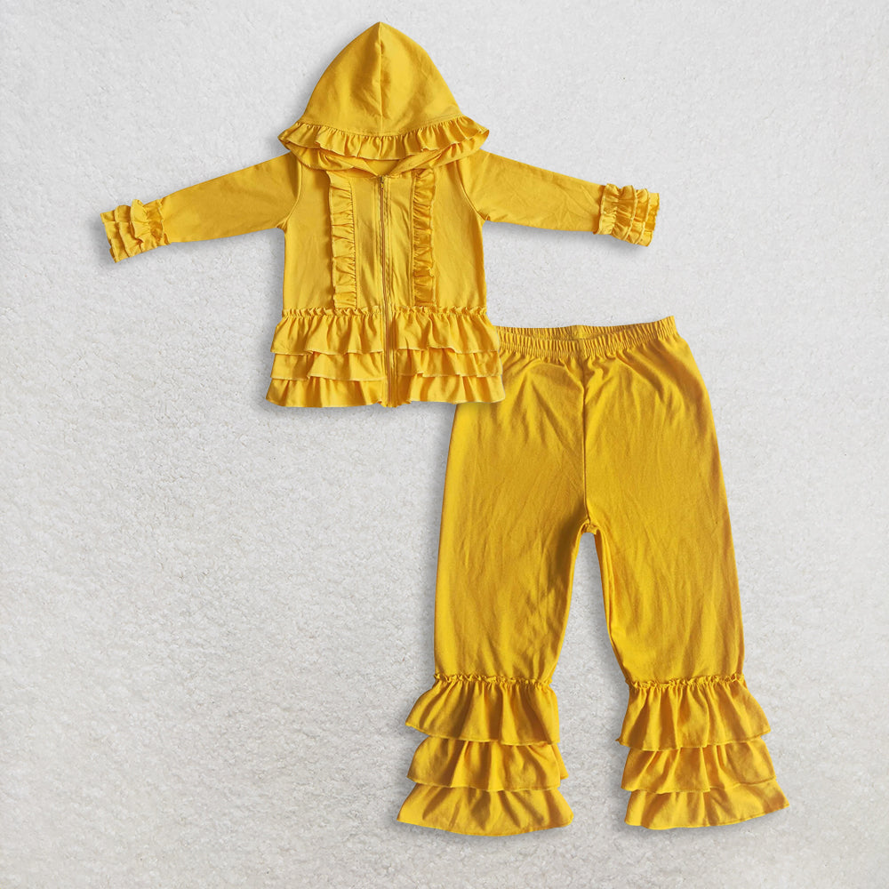 11.1 RTS NO MOQ (In stock)GT0018 + D10-19 Baby girls ruffle yellow jackets cardigans cotton triple ruffle pants
