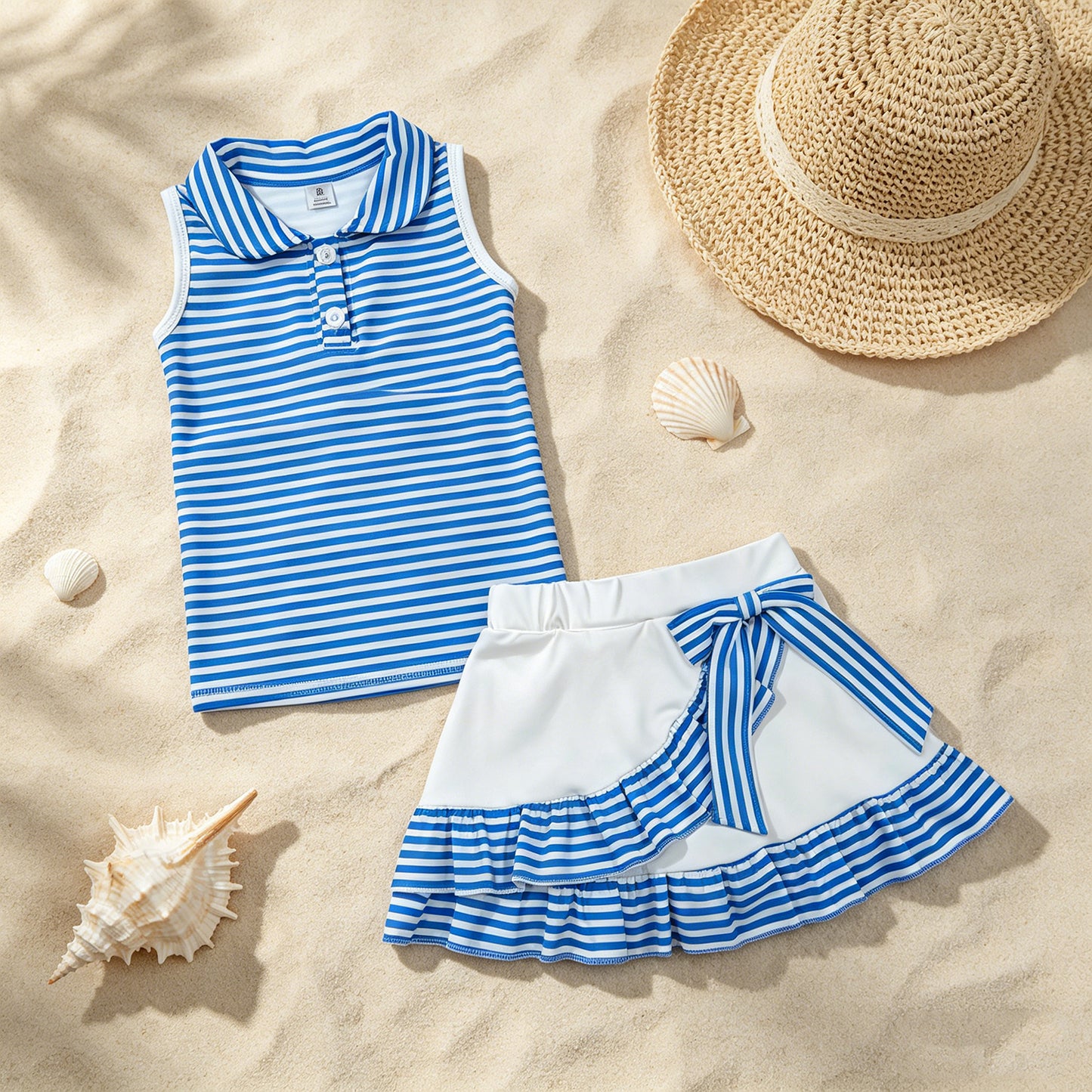 GSD3661 RTS NO MOQ (In stock )Sleeveless blue stripe polo top skirt girls team active outfit