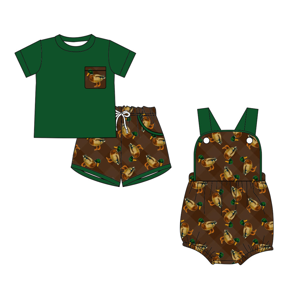CUSTOM MOQ 5 Sibling Baby Boys Summer Green Ducks Short Sleeve Shorts Rompers Clothes Sets