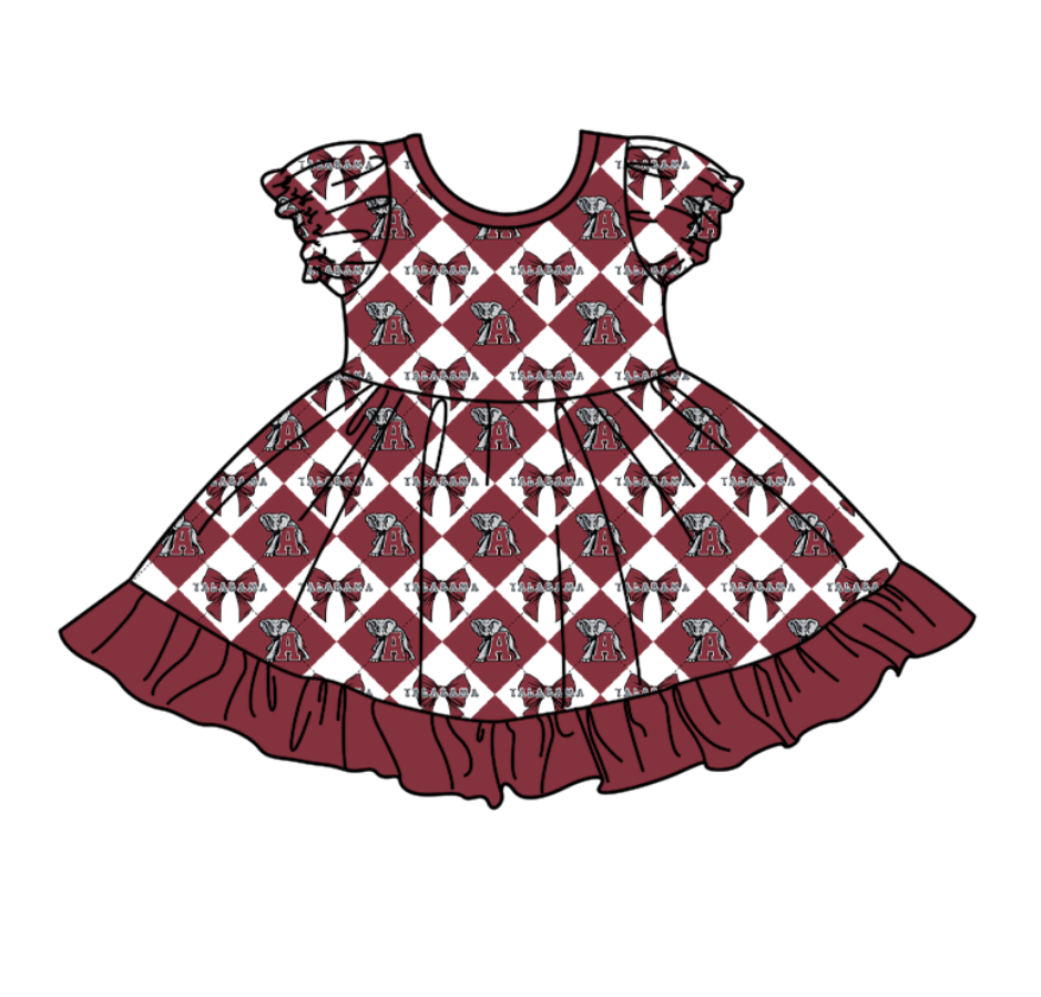 CUSTOM MOQ 5 Baby Girl Dark Red Bow Plaid Short SleeveTeam Knee Length Dresses