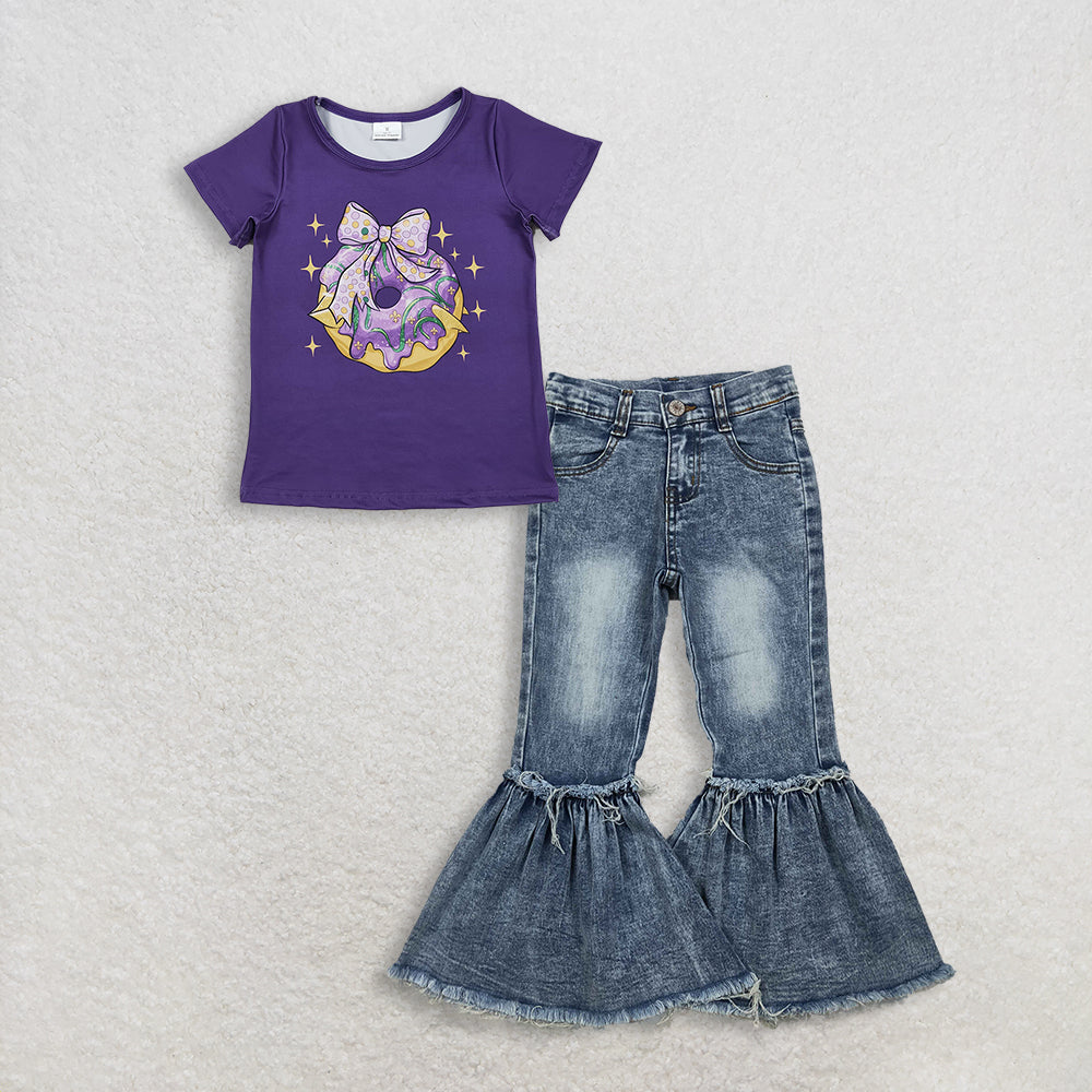 3.3 RTS NO MOQ (In stock)GT1252 + P0676 Baby Girls Purple Short Sleeve Bow Donuts Mardigras Tee Shirts Top Denim Jeans Pants Clothes Sets