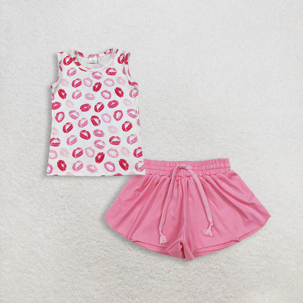 3.4 RTS NO MOQ (In stock)GT1419 + SS0546 Baby Girls Sleeveless Pink Mouths Valentines Vest Tops Shorts Bottoms