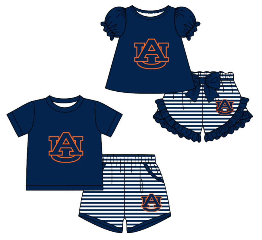 CUSTOM MOQ 5 Sibling Boys Baby Girls Blue UA Top Stripe Shorts Clothes Sets
