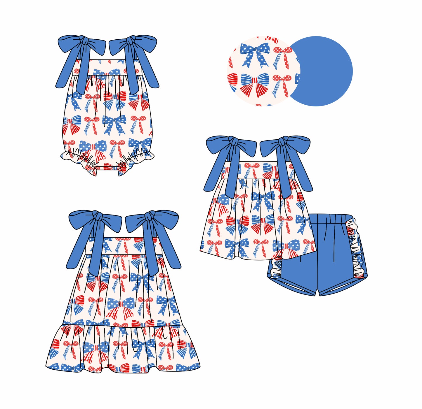 Girls 4th of July Outfit Straps Stars Red Blue Bow Tunic Top with Shorts US Independence Day Themed Clothing for Kids