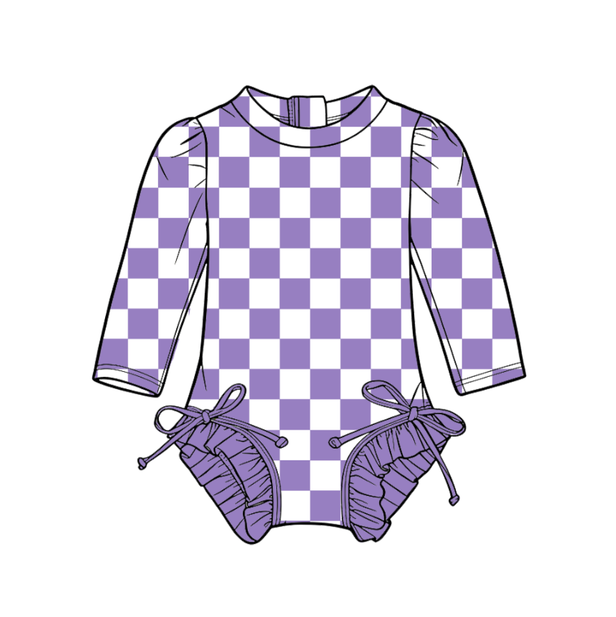 3.6 CUSTOM MOQ 5 Baby Girl Purple Plaid Team Long Sleeve One Pieces Swimsuits