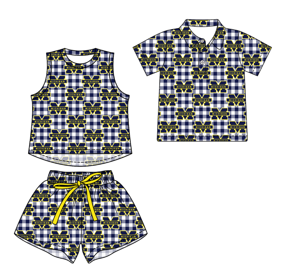 3.16 CUSTOM MOQ 5 Sibling Boys Baby Girls Summer Fashion Blue Check Black M Sleeveless Top Shorts Button Polo Shirts Team Clothes Sets