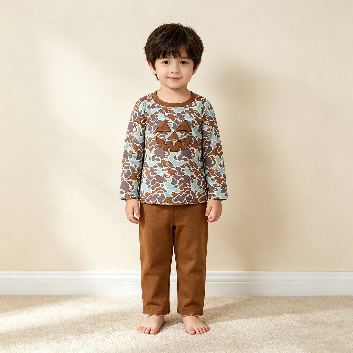 RTS NO MOQ (In stock)milk silk BLP1193 Baby Boys Western Brown Camo Ghost Pumpkin Crew Neck Long Sleeve Tee Pants Casual Clothes Set