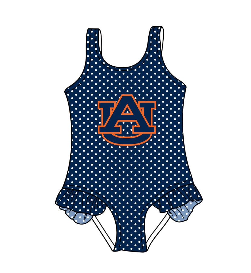 CUSTOM MOQ 5 Cute Comfortable Clothing For Kids Baby Girls Blue UA Polka Dots Ruffle One Piece Swimsuits