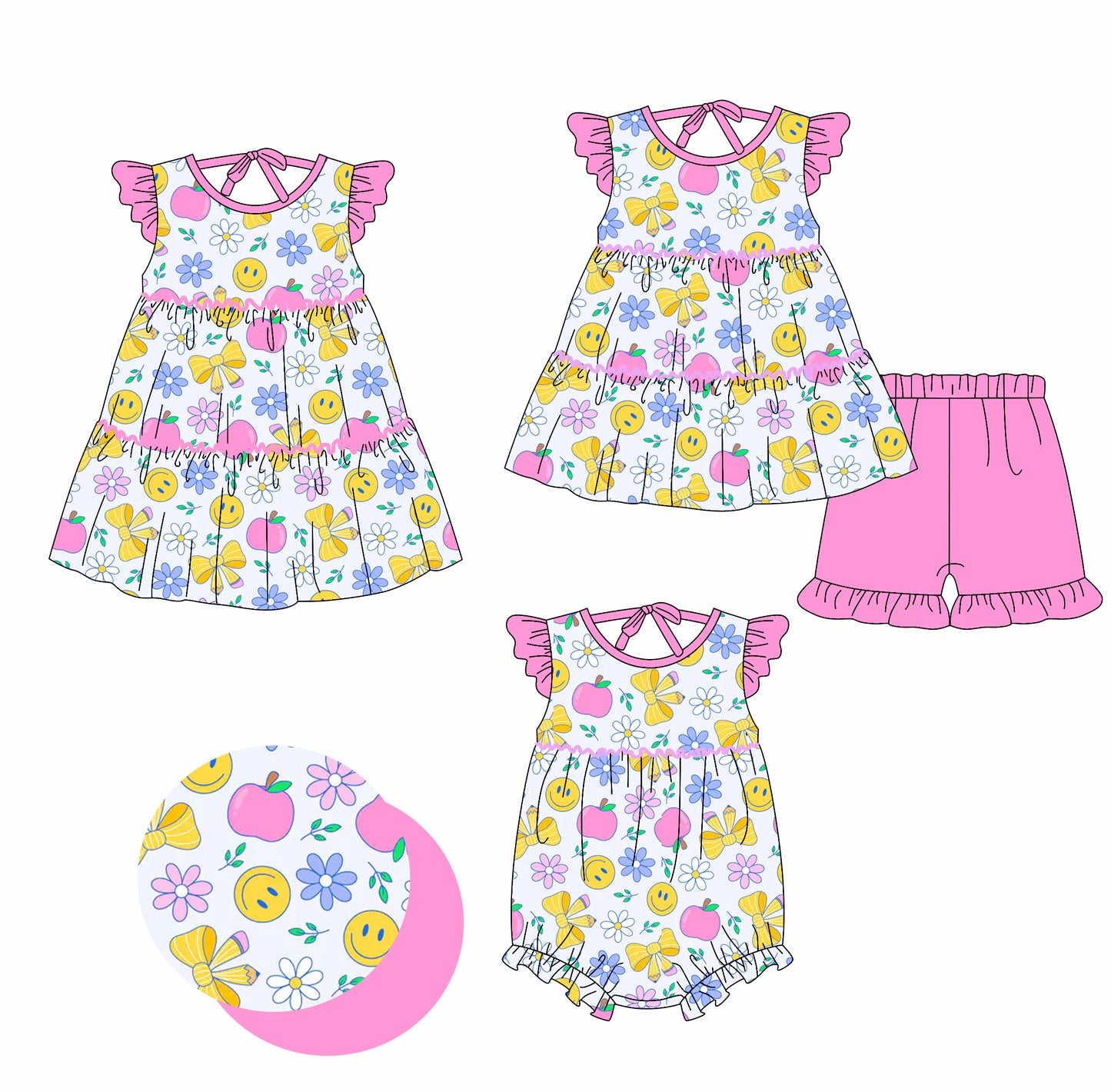 CUSTOM MOQ 5 Sibling Baby Girls Back To School Apple Tunic Ruffle Shorts Clothes Set Knee Length Dress Rompers