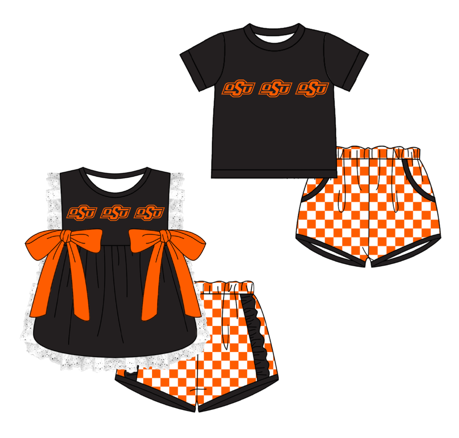 CUSTOM MOQ 5 Cute Comfortable Clothing For Kids Sibling Boys Baby Girls Summer Black Bow Top Orange Checked Shorts Team Clothes Sets