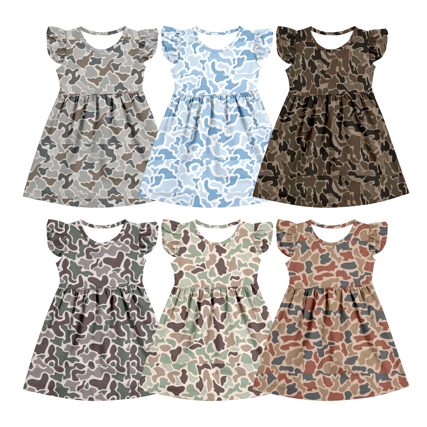 CUSTOM MOQ 5 Sibling Baby Girls 6 Colors Summer Flutter Sleeve Knee Length Dresses