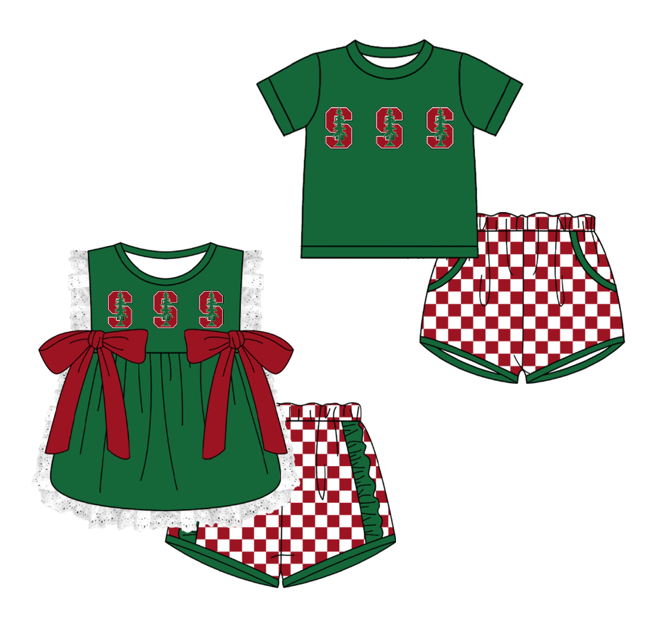 CUSTOM MOQ 5 Cute Comfortable Clothing For Kids Sibling Boys Baby Girls Summer Green Bow Top Red Checked Shorts Team Clothes Sets
