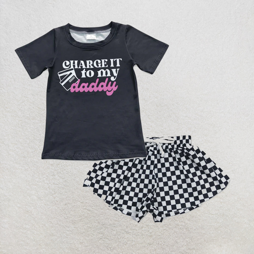 5.26 RTS NO MOQ (In stock)GT0314+SS0865 Charge it to my daddy black short sleeves girls shirt with Black plaid kids girls team active summer shorts