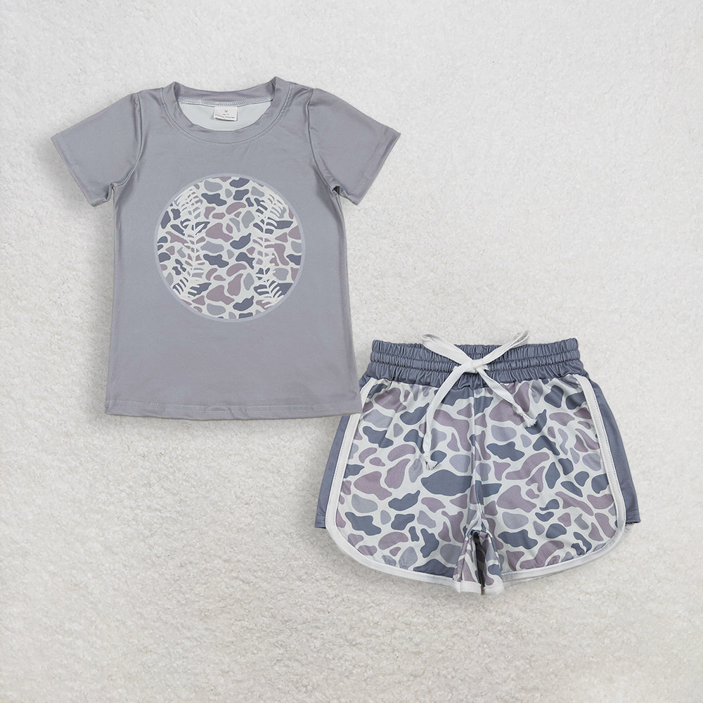 3.14 RTS NO MOQ (In stock)BT1430 + SS0740 Fashion Clothing For Baby Boys Short Sleeve Light Grey Camo Baseballs Team T-shirts Top Shorts Bottom