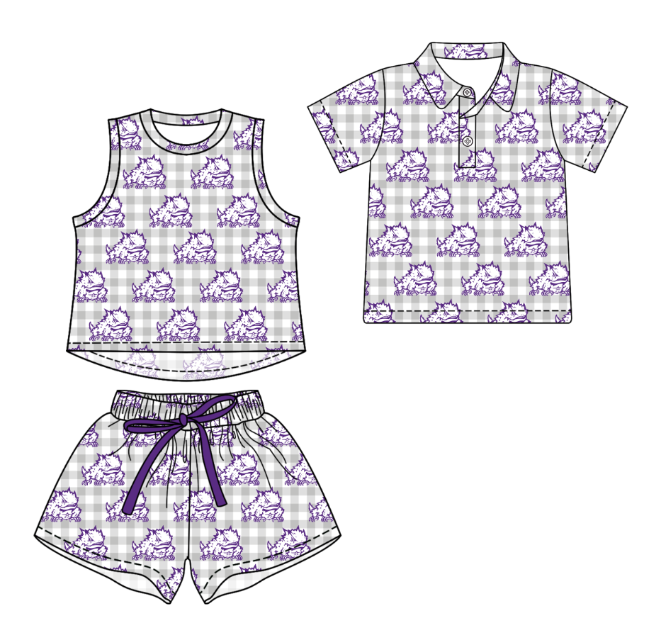 3.14 CUSTOM MOQ 5 Sibling Boys Baby Girls Summer Fashion Gray Check Sleeveless Top Shorts Button Polo Shirts Team Clothes Sets
