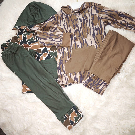 10.18 RTS Sibling Baby Boys Camo Hooded Top Hunting Pants Clothes Sets