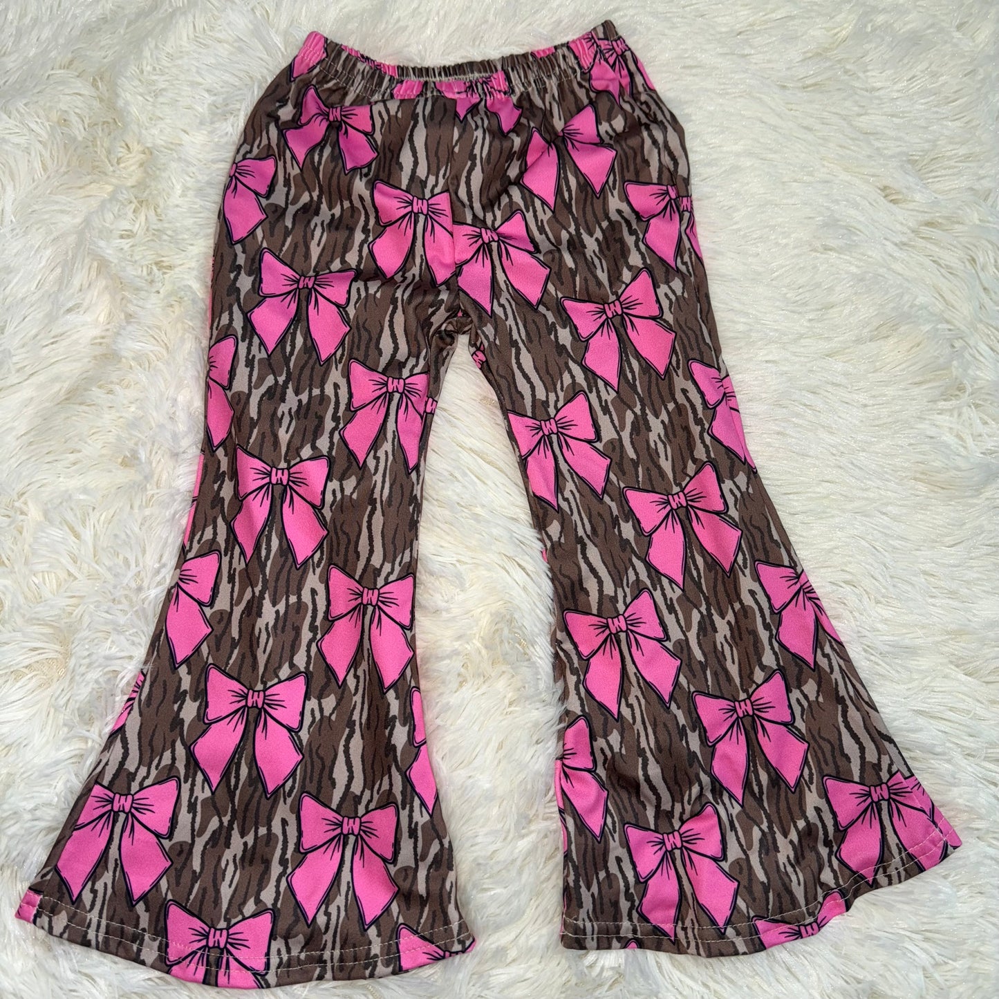 11.20 RST P0896 Baby Girls Olive Camo Pink Bows Bell Bottom Pants