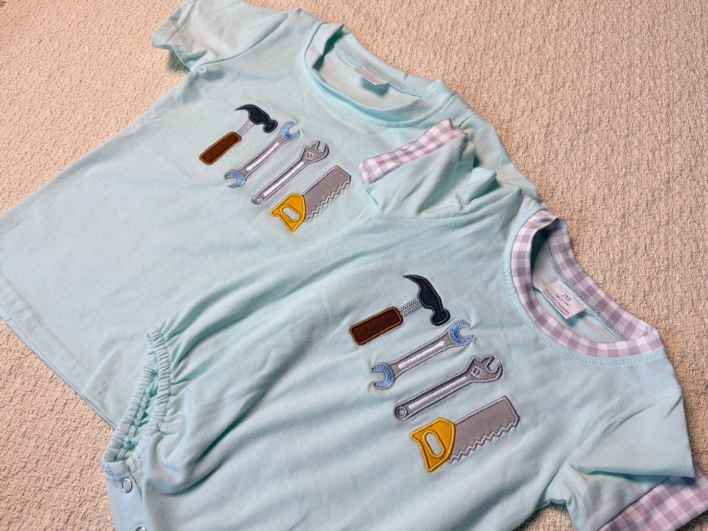 0430 RTS Sibling Short sleeves tools embroidery kids boys summer outfits and romper