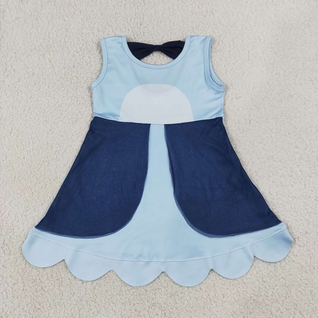 GSD2515 RTS NO MOQ (In stock)Cute Clothes Baby Girls Summer Blue Sleeveless Knee Length Dress