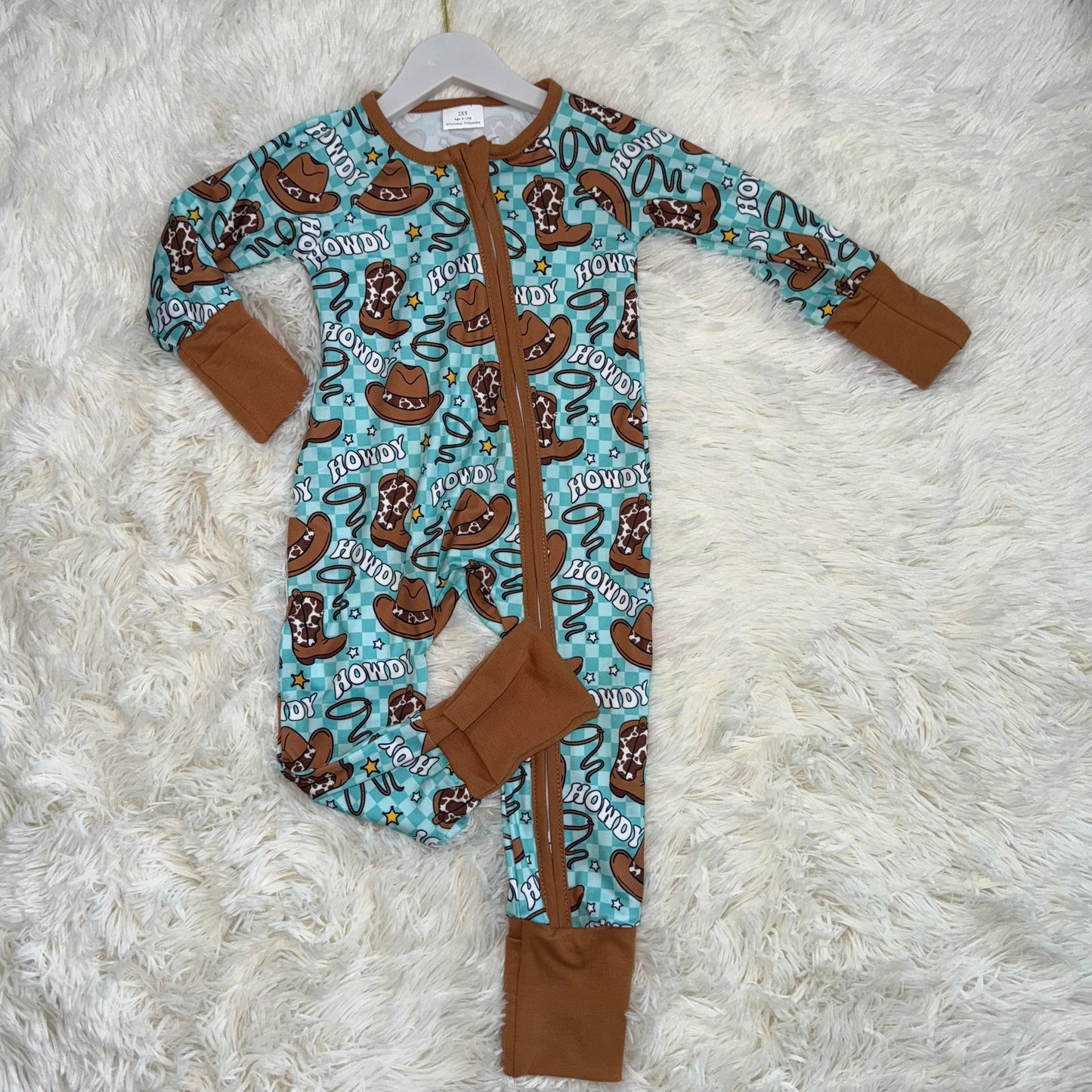 11.15 RST LR2517 Baby Boys Howdy Hats Boots Western Checked Zipper Footie Rompers