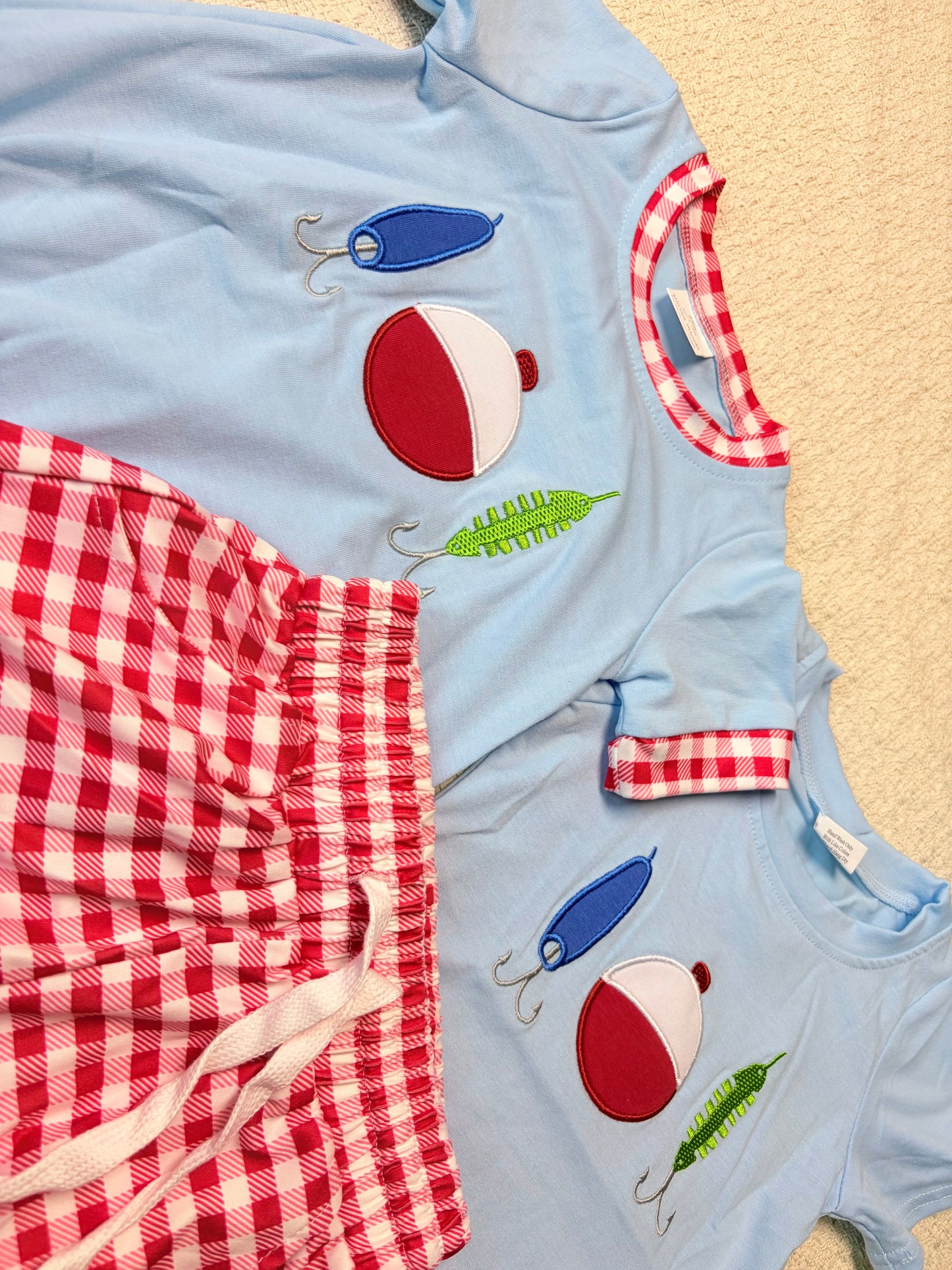 0430 RTS Sibling Short sleeves fishing lure embroidery kids boys outfits and romper