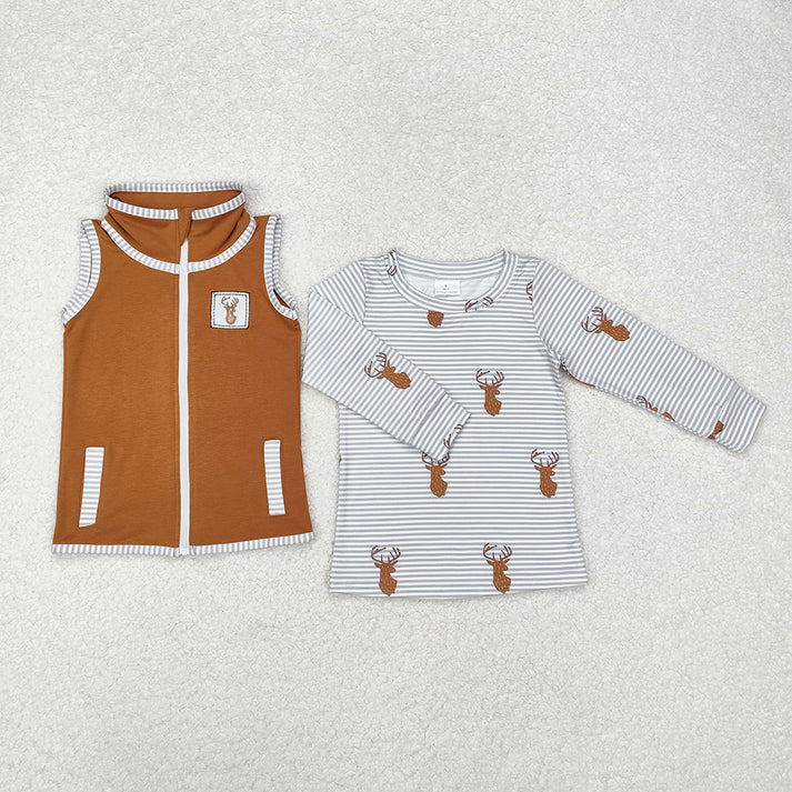 Baby Boys and Girls Brown Elk Embroidered Sleeveless Zipper Vest + Grey Striped Long Sleeve Top Two-Piece Set