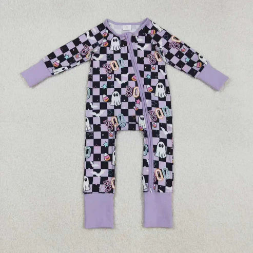 9.20 RTS Sibling Baby Girls Black Lavender Checked Ghosts Halloween Pajamas Sets Zipper Footie Rompers