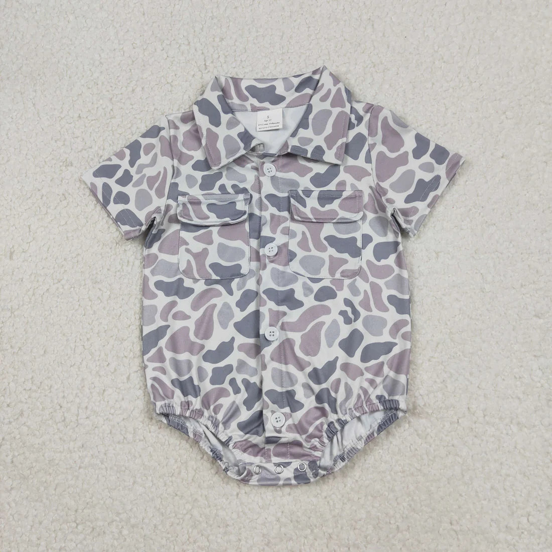 USA Warehouse (IN STOCK) SR3654 Baby Boys Summer Romper Baby Boys Southern Light Grey Camo Button Pockets Rompers