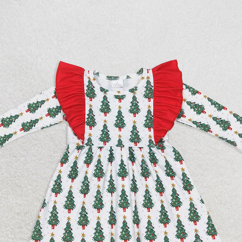 GLD0377RTS NO MOQ Baby Girls Winter Dress Baby Girls Christmas Tree Ruffle Long SleeveKnee Length Dresses