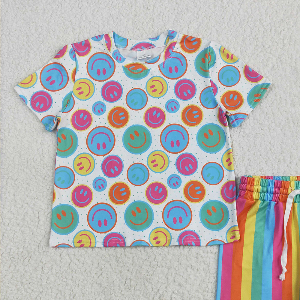 7.01 GSSO2609 RTS NO MOQ Baby Girls Summer Outfits Baby Girls Short Sleeves Colorful Smiles Top Short Pajamas Set