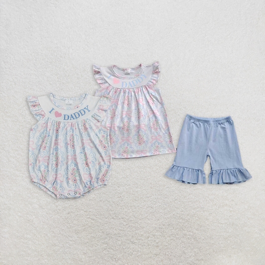 5.28  RTS NO MOQ I love daddy floral bow tunic ruffle shorts girls clothing