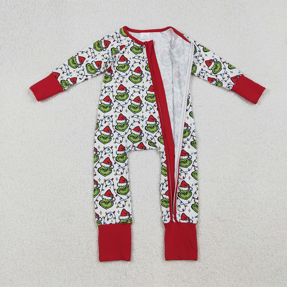 RTS NO MOQ (In stock)LR2574 Baby Boys Winter Rompers Christmas Lights Green Face Plaid Zipper Footie Rompers