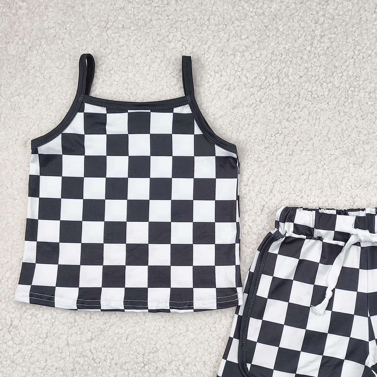 5.17 GSSO2334 RTS NO MOQ Baby Girls Summer Outfits Baby Girls Black Checked Shorts Set