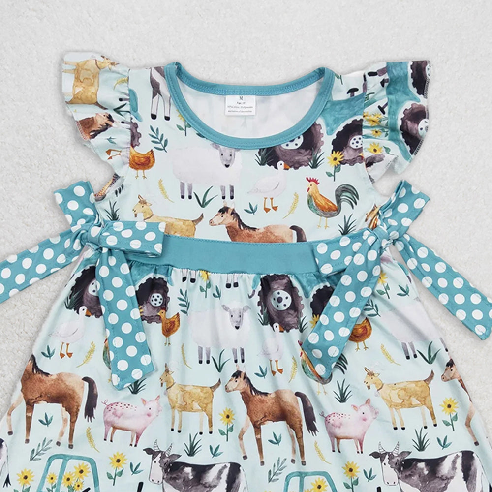 GSD0162 RTS NO MOQ Baby Girls Summer Dress Girls farm car cow horse pig chicken flying sleeve dress