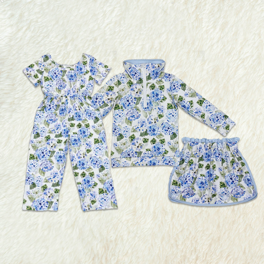 Blue Floral Kids Girls Jumpsuit with Pocket Short Sleeves for Children's Clothing