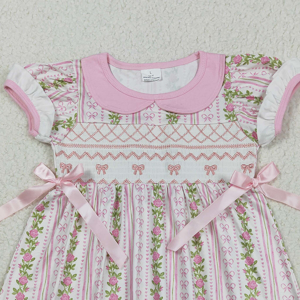 RTS NO MOQ (In stock)GSD2717 Baby Girls Summer Dress Smocked Embroidery Bows Baby Girls Flowers Stripe Knee Length Dresses