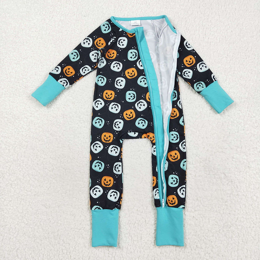 RTS NO MOQ (In stock)LR2465 Baby Boys Winter Rompers Baby Boys Ghost Pumpkins Fall Zipper Footie Rompers