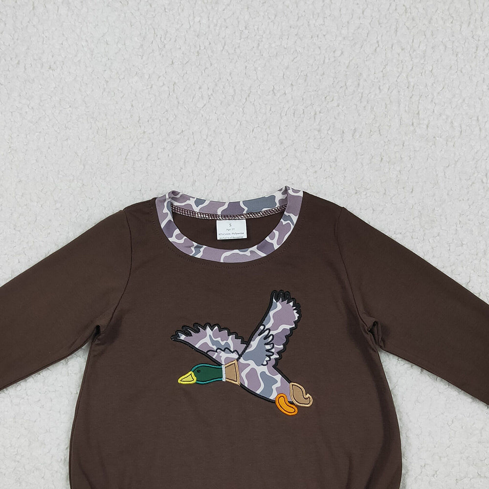 USA Shop (in stock)LR2310 Baby Boys Winter Rompers Embroidery Baby Boys Brown Long Sleeves Camo Duck Western Rompers