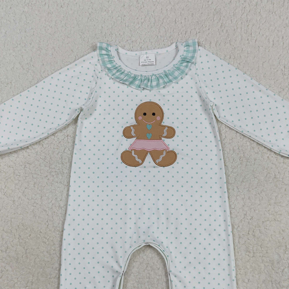 RTS NO MOQ (In stock)LR2341 Baby Girls Winter Rompers Embroidery Baby Girls Christmas Polka Dots Gingerbread Rompers