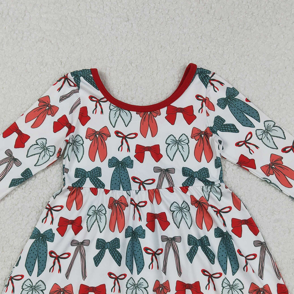 RTS NO MOQ (In stock)GLD1250 Baby Girls Winter Dress Green Red Bows Plaid Christmas Ruffle Knee Length Dresses