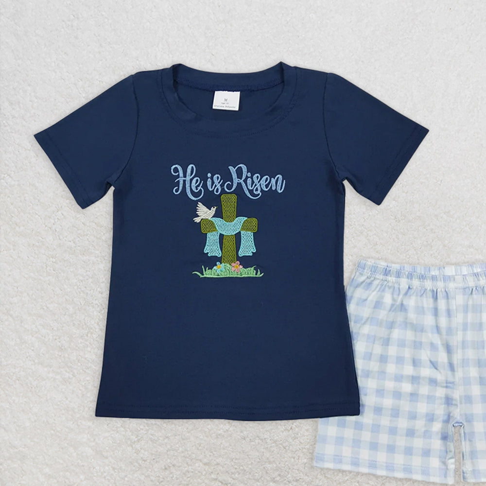 BSSO0319 RTS NO MOQ Baby Boys Summer Boys Outfits Baby Boys embroidery Easter He Is Risen Shirt Tee Black Shorts Clothes Sets
