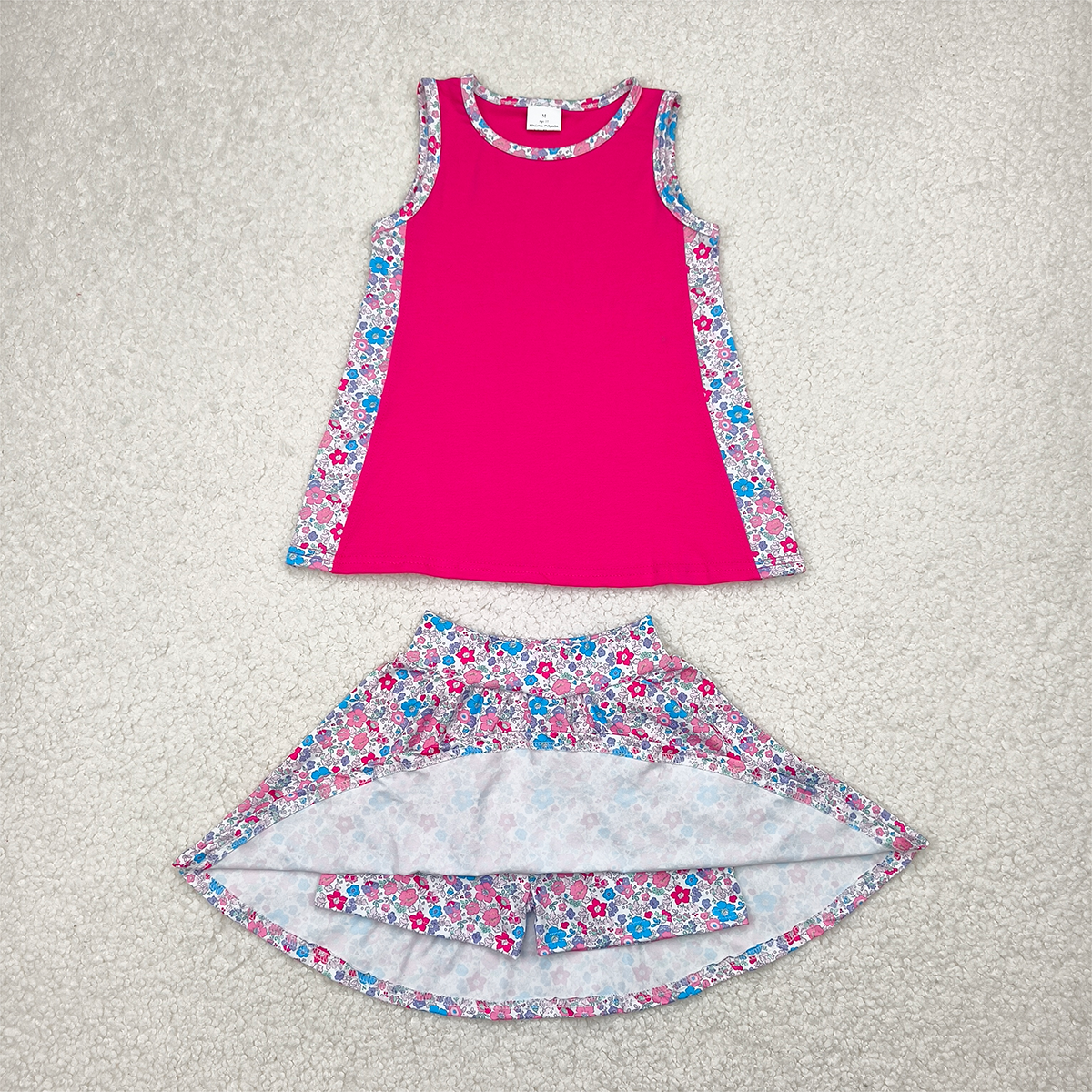 4.11 GSD1926 RTS NO MOQ Baby Girls Summer Outfits Sleeveless hot pink top floral skirt kids girls clothes