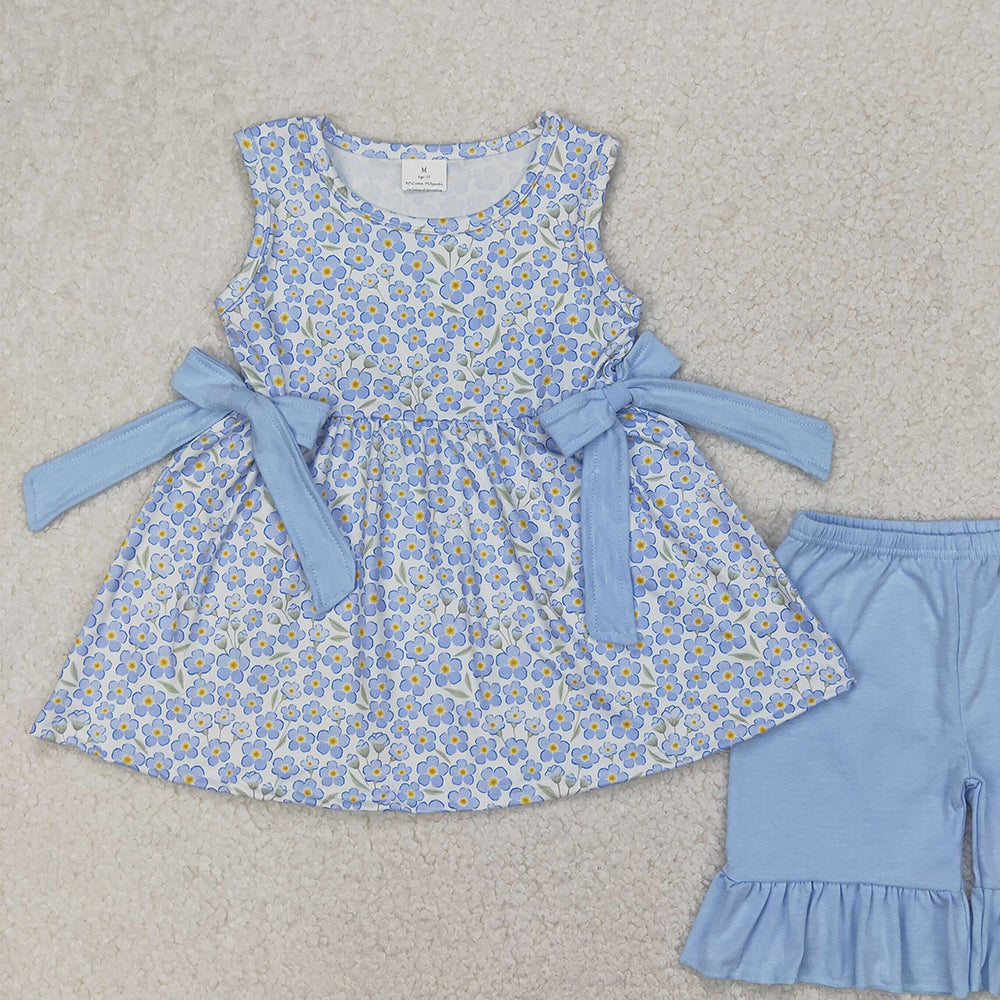 4.14 GSSO2204 RTS NO MOQ Baby Girls Summer Outfits Sleeveless floral bow tunic ruffle shorts girls clothing