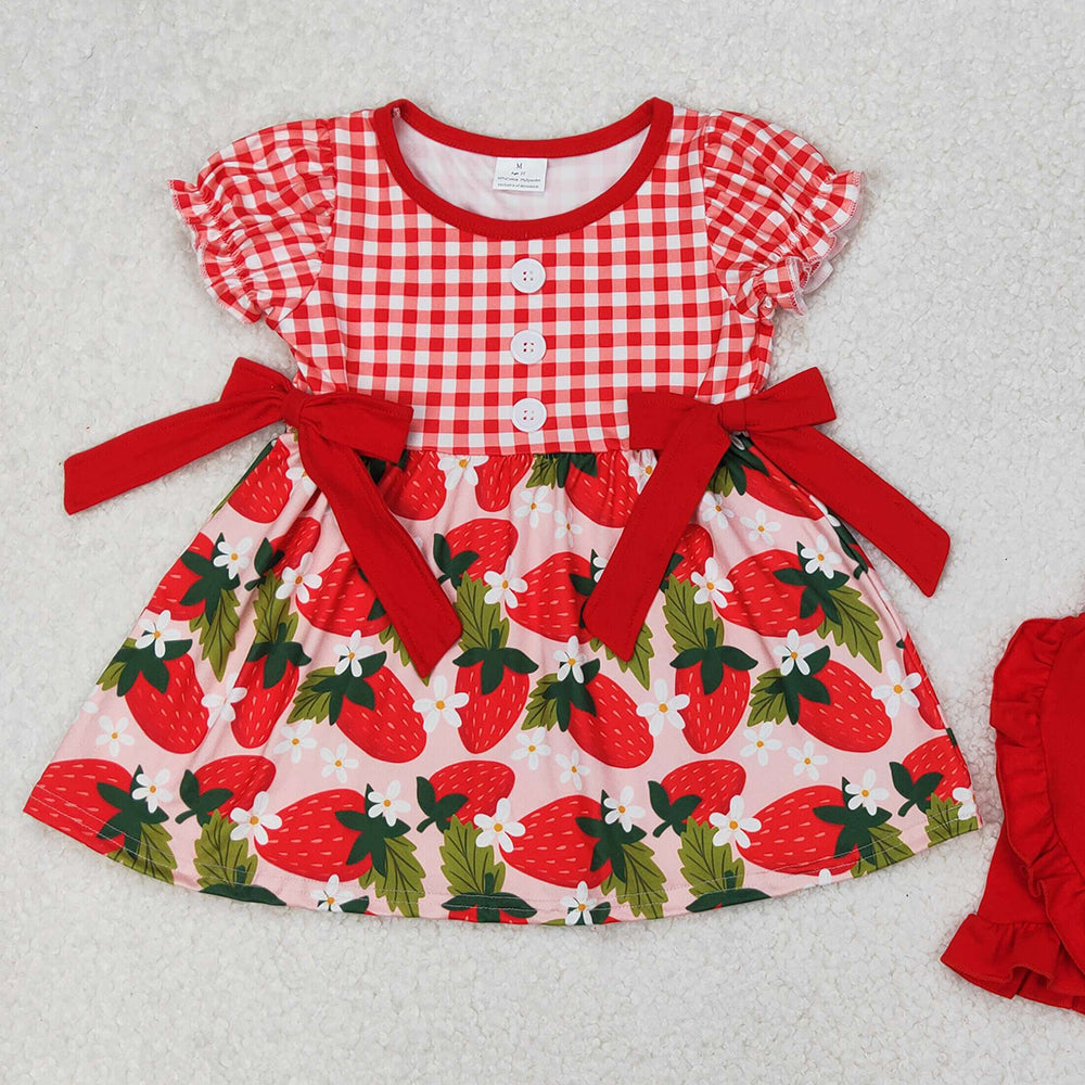 GSSO1648 RTS NO MOQ Girls Red Plaid Short Sleeve Tunic Short Set Cute Strawberry Design Children's Clothing Outfit