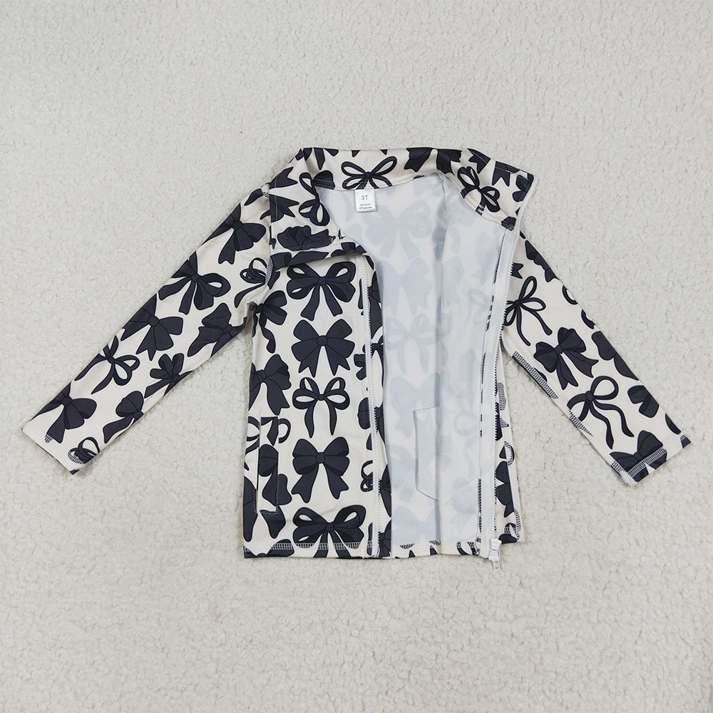 RTS NO MOQ (In stock)GT1084 Baby Girls Yoga Tops Baby Girls Long Sleeves Black Bows Zipper Pockets Yoga Jacket Tops