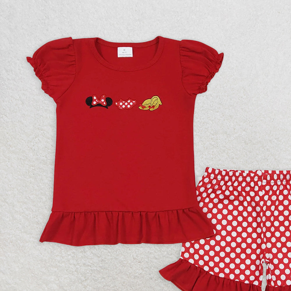 GSSO0450RTS NO MOQ Baby Girls Summer Outfits Red short sleeves mouse top ruffle shorts girls outfits