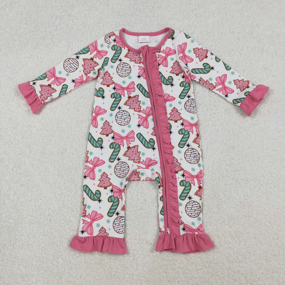 10.18 RTS NO MOQ (In stock)LR2486 Baby Girls Winter Rompers Baby Girls Candy Cane Trees Christmas Ruffle Zipper Footie Rompers