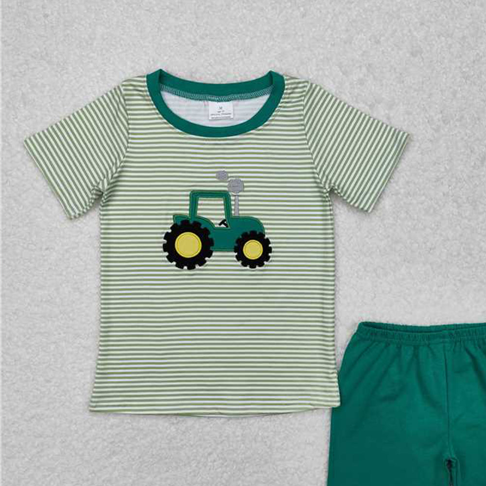 6.09 BSSO1184 RTS NO MOQ Baby Boys Summer Boys Outfits Baby Boys Short Sleeves Embroidery Truck Print Stripe Top Green Shorts Farm Set