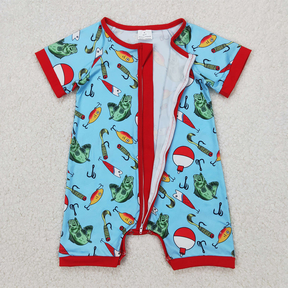 4.10 SR2707 RTS NO MOQ Baby Boys Summer Romper Baby Boys Blue Short Sleeves Fishes Hunting Zipper Rompers
