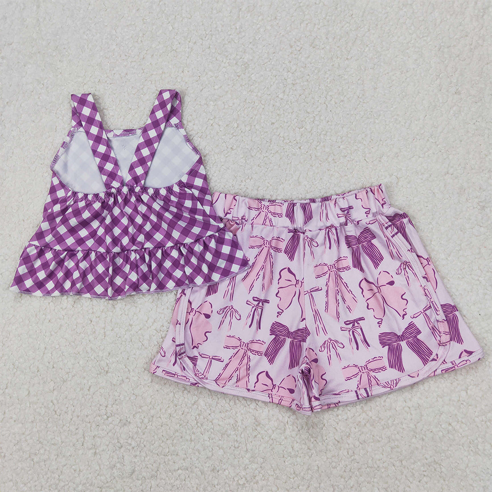 GSSO2035RTS NO MOQ Baby Girls Summer Outfits Purple plaid peplum bow shorts kids girls summer outfits